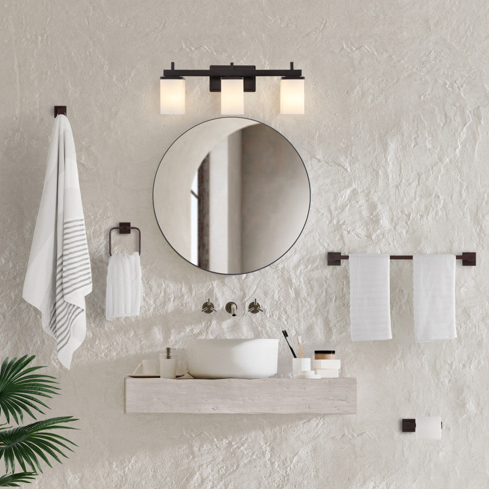 3-Light Modern Vanity, Frosted Glass Shades, Bathroom Accessory Set, 5-Piece
