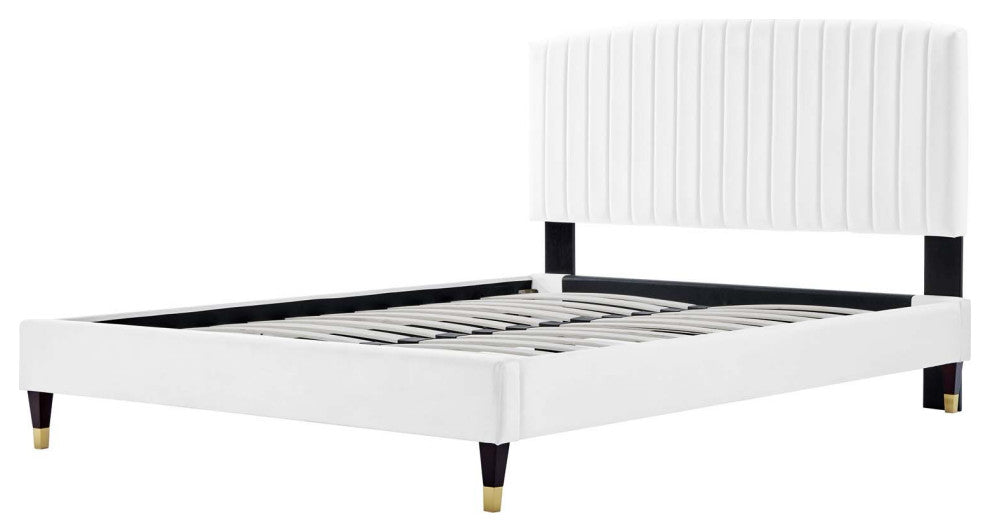 Platform Bed Frame, Queen Size, White, Velvet, Modern, Bedroom Guest Suite