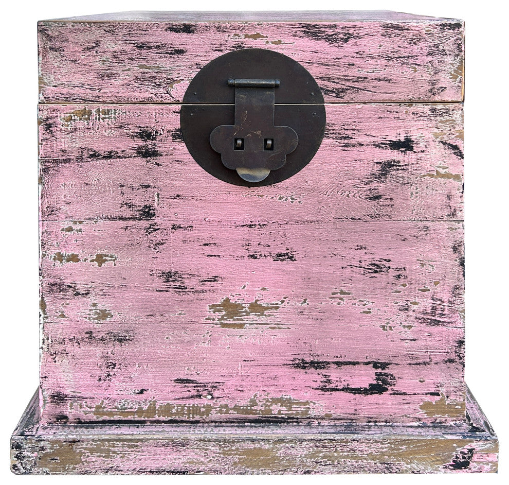 Distressed Pastel Pink Square Moon Face Wood Trunk Box