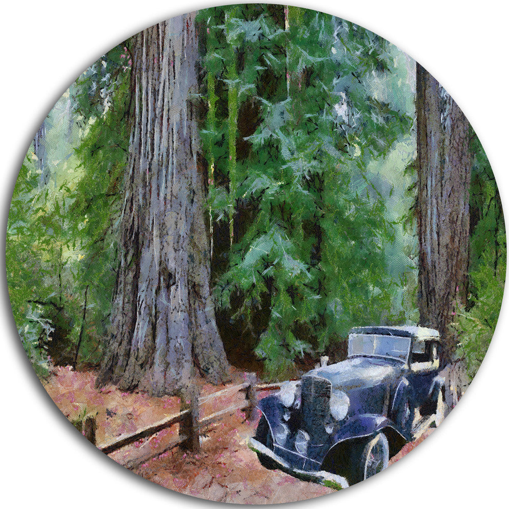 Vintage Car In Forest, Landscape Painting Round Wall Art, 36"
