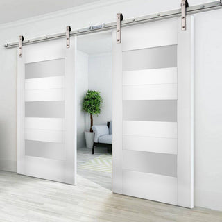 Double Barn Doors Opaque Glass / Sete 6003 White Silk / Silver 13FT Rail, 84" X 96" ( 2* 42x96)