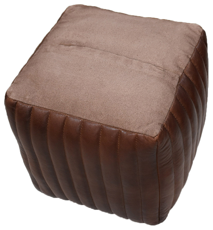 Poufs-Solid Handmade Goat Leather Pouf, Recycled Cotton Fill, Brown, Square [16x16x16]