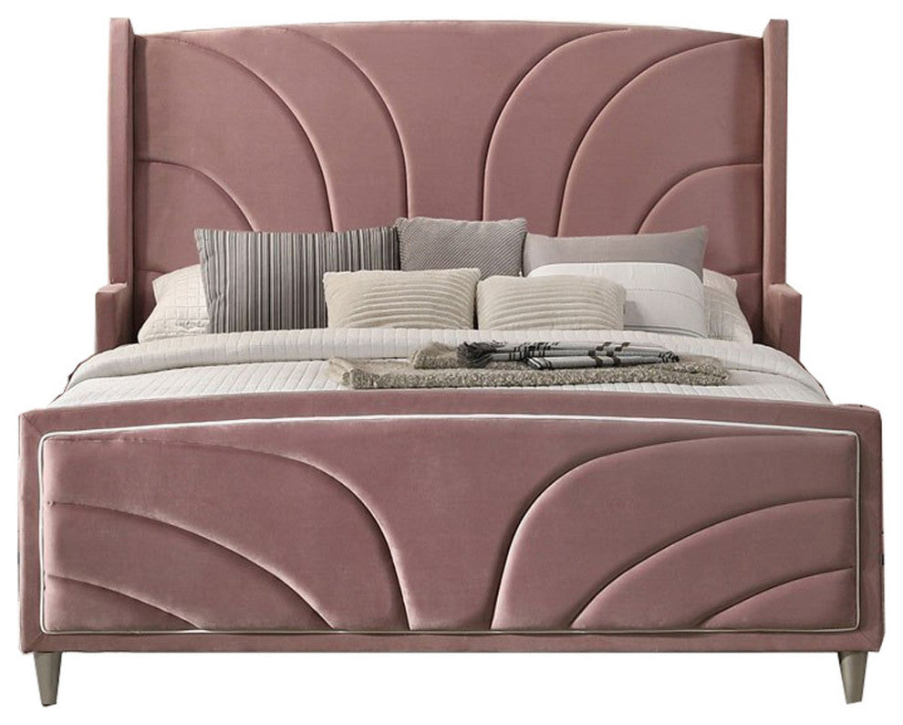 Benzara BM284025 Wood King Size Bed, Wingback Frame, Pink Velvet, Chrome Legs