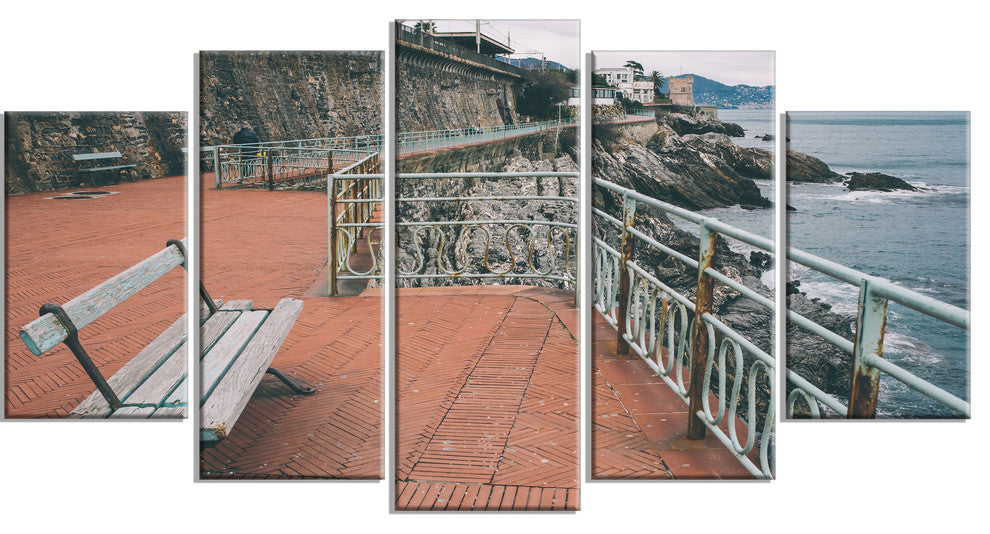"Seating in Genoa Nervi Coast" Seashore Wall Art, 5 Panels, 60"x32"