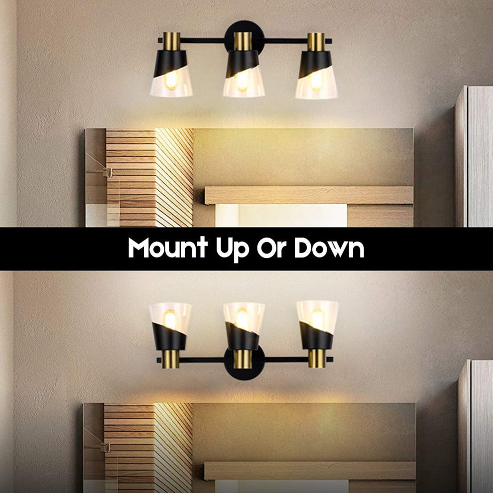 3 Lights Vanity Wall Lightfixture Black and Gold Glass Wall Lighting