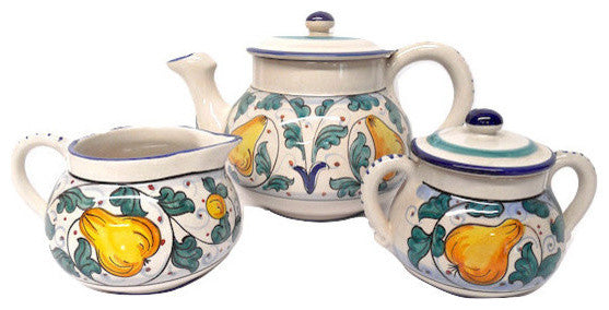 Deruta Ceramiche Sberna Frutta Pears Tea Set with Teapot and Cream and Sugar