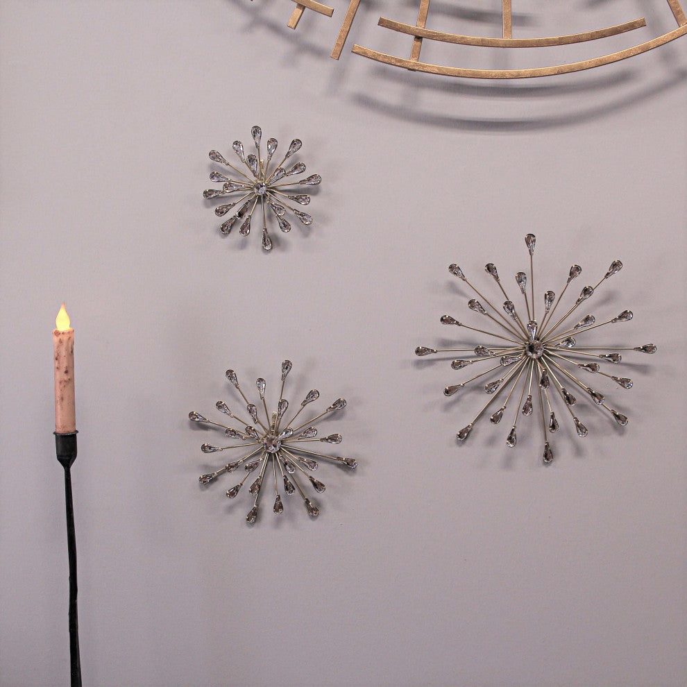 Set of 3 Gold Tone Teardrop Starburst Rhinestone Jeweled Metal Wall Art Hanging