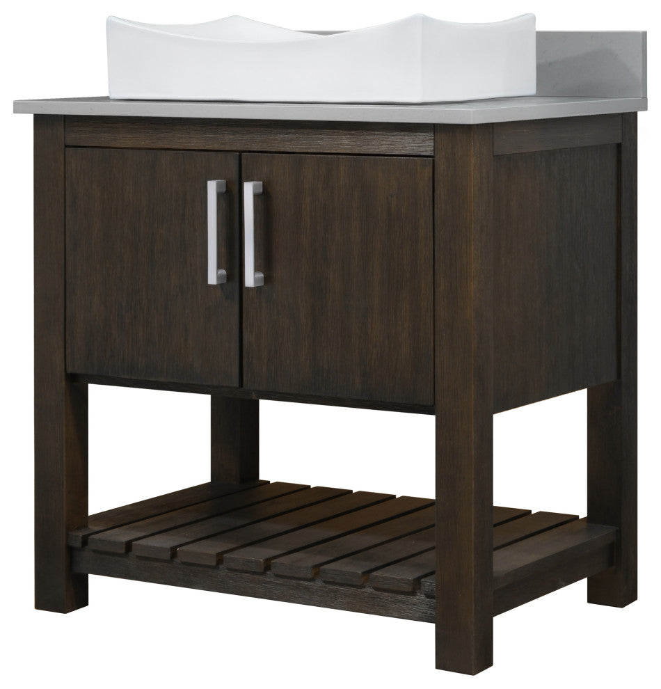 30" Vanity, Smoke Grey Quartz Top, Backsplash, Sink, Drain, and P-Trap, Chrome, Without Mirror