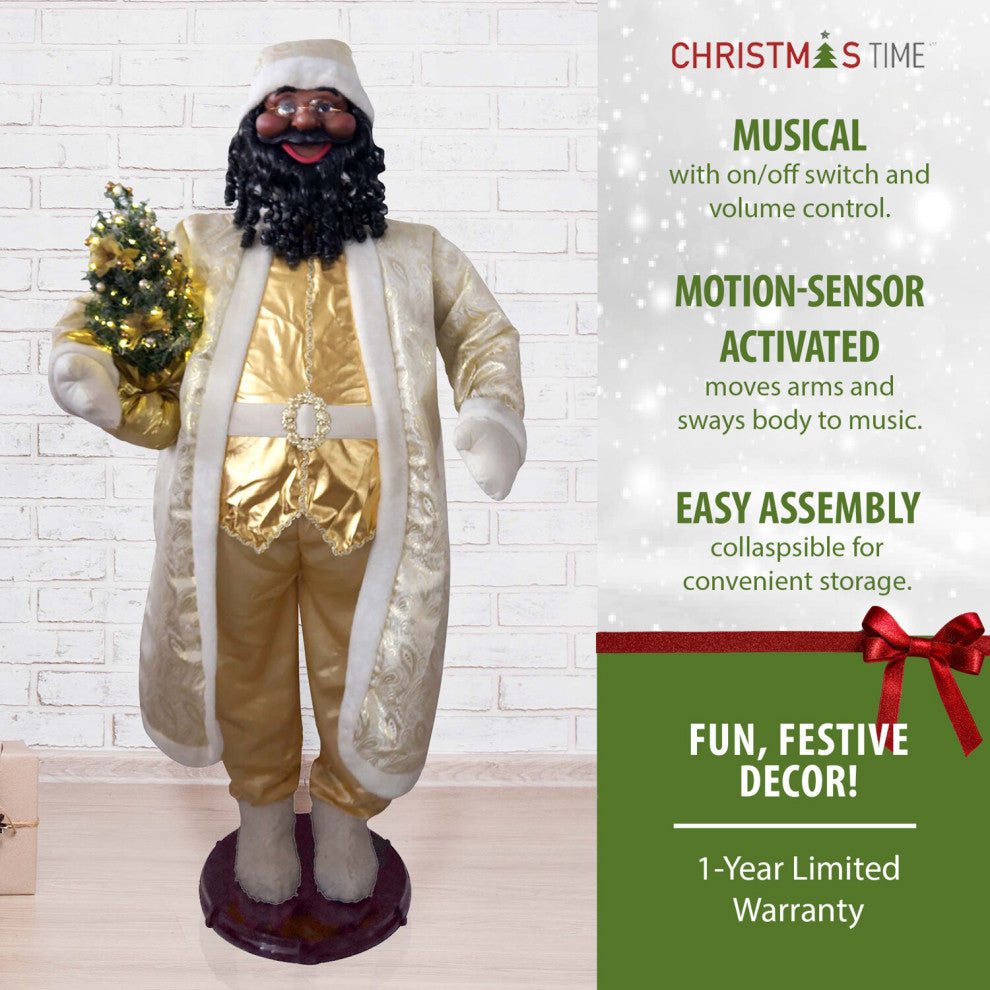 58" African Dancing Santa Claus, Paisley Coat and Prelit Christmas Tree