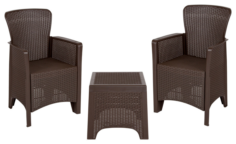 Chocolate Faux Rattan Plastic Chair Set with Matching Side Table