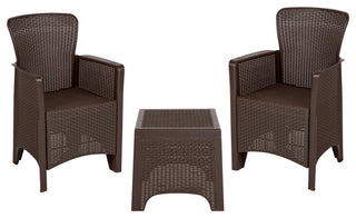 Chocolate Faux Rattan Plastic Chair Set with Matching Side Table