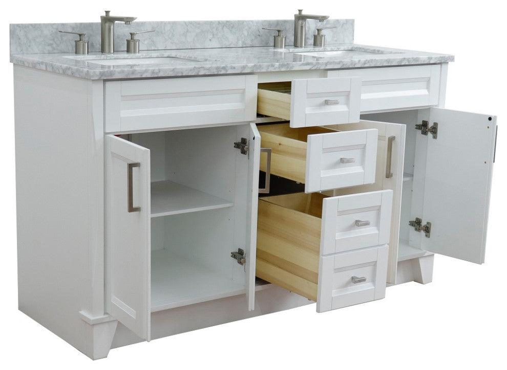 61" Double Sink Vanity, White Finish And White Carrara Marble
