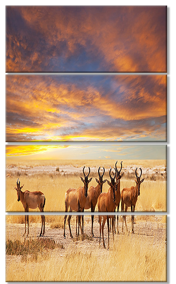 Herd of Antelope in Etosha Park, African Landscape Canvas Art, 28"x48", 4 Panels