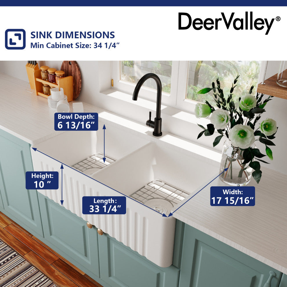 33'' x 18" White Farmhouse Ceramic Kitchen Sink,Reversible Double Bowl Sink
