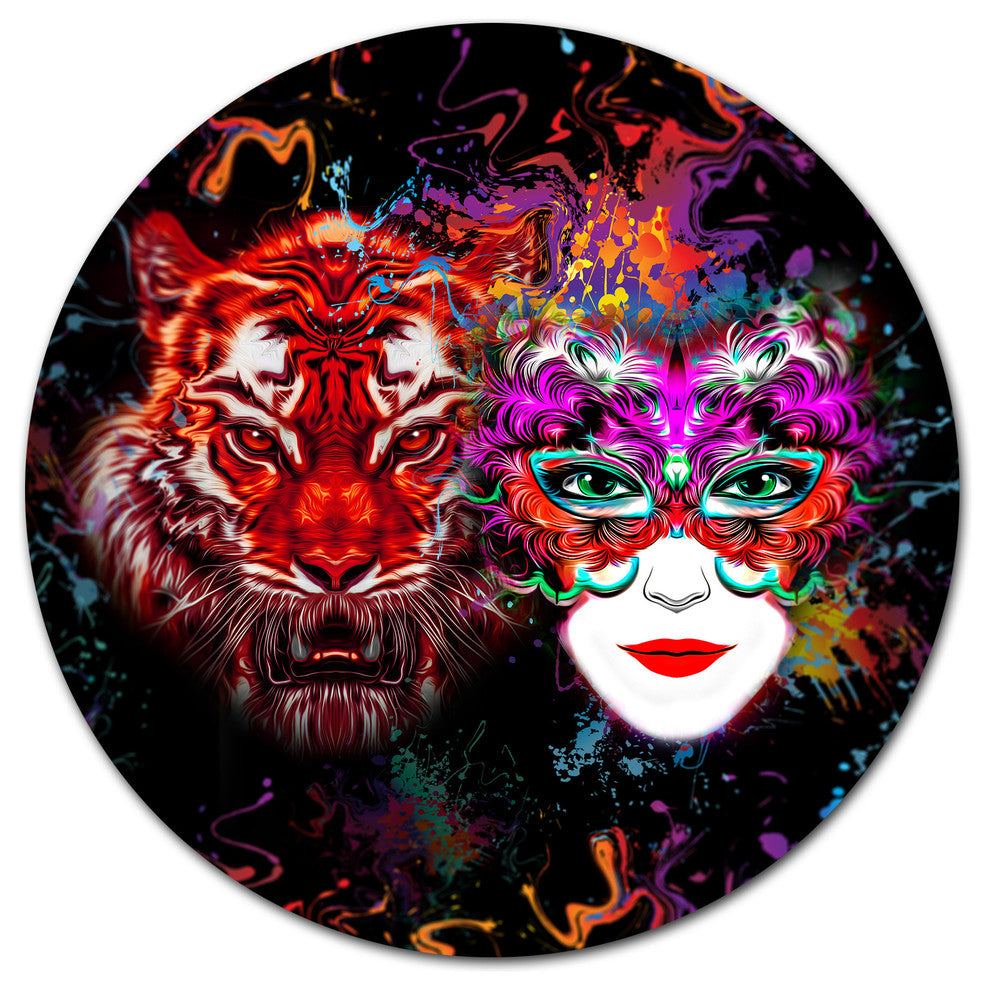 Tiger And Woman Colorful Faces, Abstract Large Disc Metal Wall Art, 11"