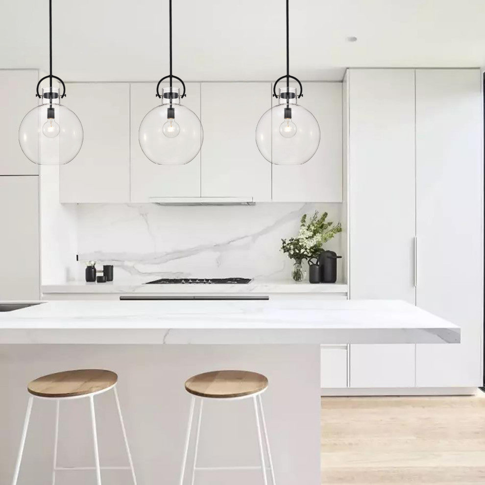 1-Light 14 in. Matte Black Pendant Light With Globe-shaped Clear Glass Shade