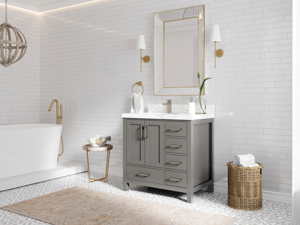 Malibu 36 Left Offset Bath Vanity in Elephant Skin Gray 2" Piatra Gray