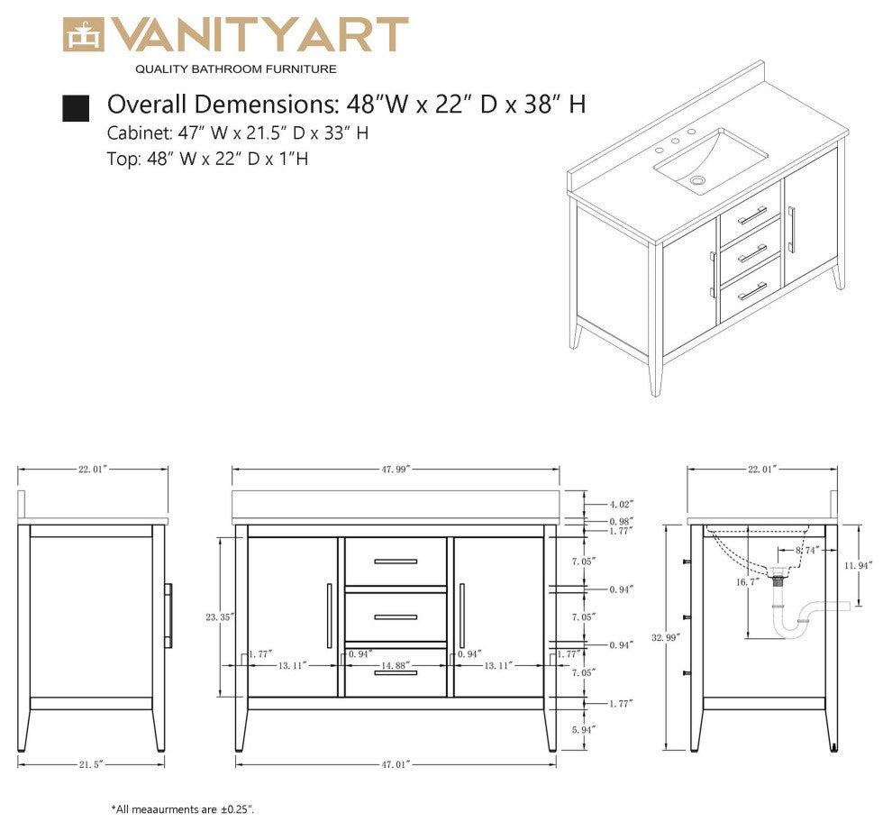 Vanity Art Bathroom Vanity With Sink, Natural Oak, 48", Single Sink, Brushed Nickel