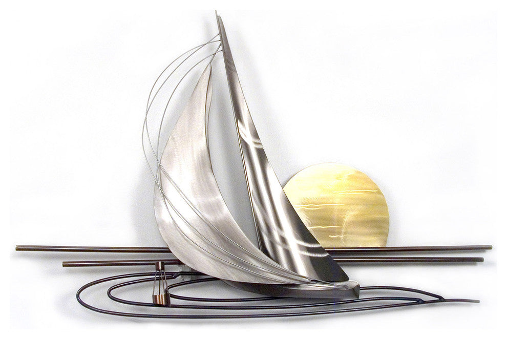 Coastal Home Decor 'Sunset Sail' - Beach Sailing Art on Stainless Steel