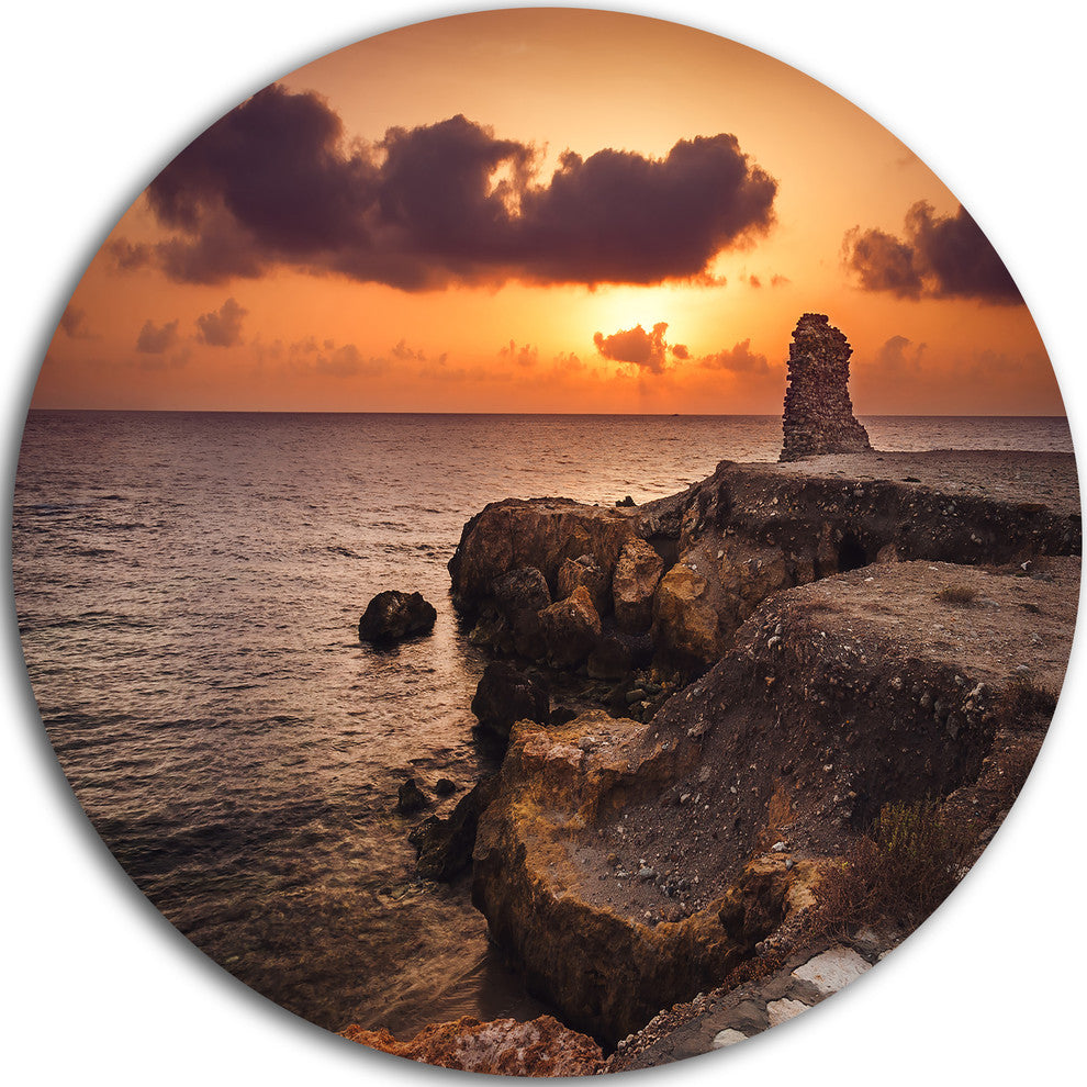 Beach Sunset With Ancient Ruins, Beach Round Metal Wall Art, 11"