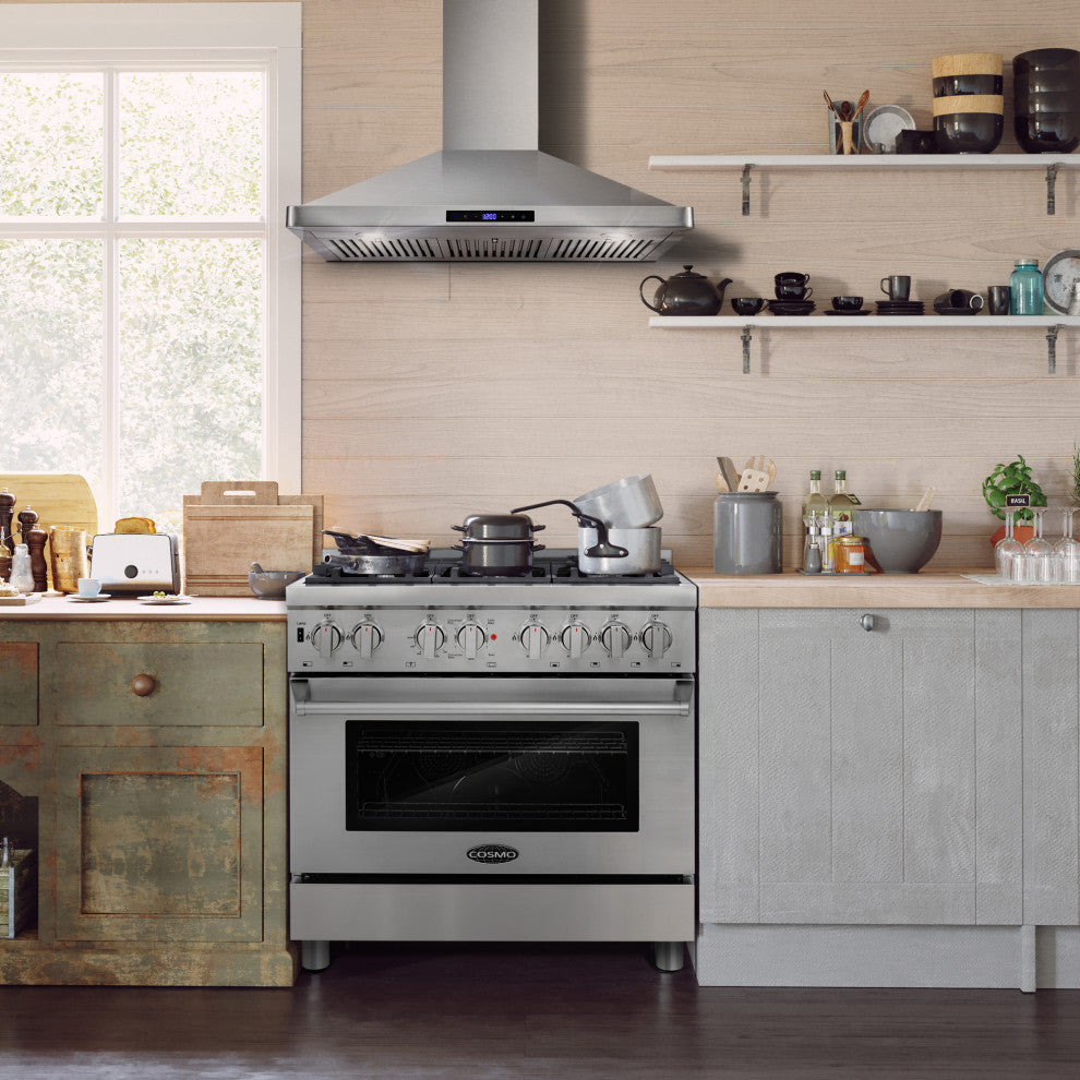5-Piece Kitchen, 36" Freestanding Gas Range 36" Wall Mount Range Hood