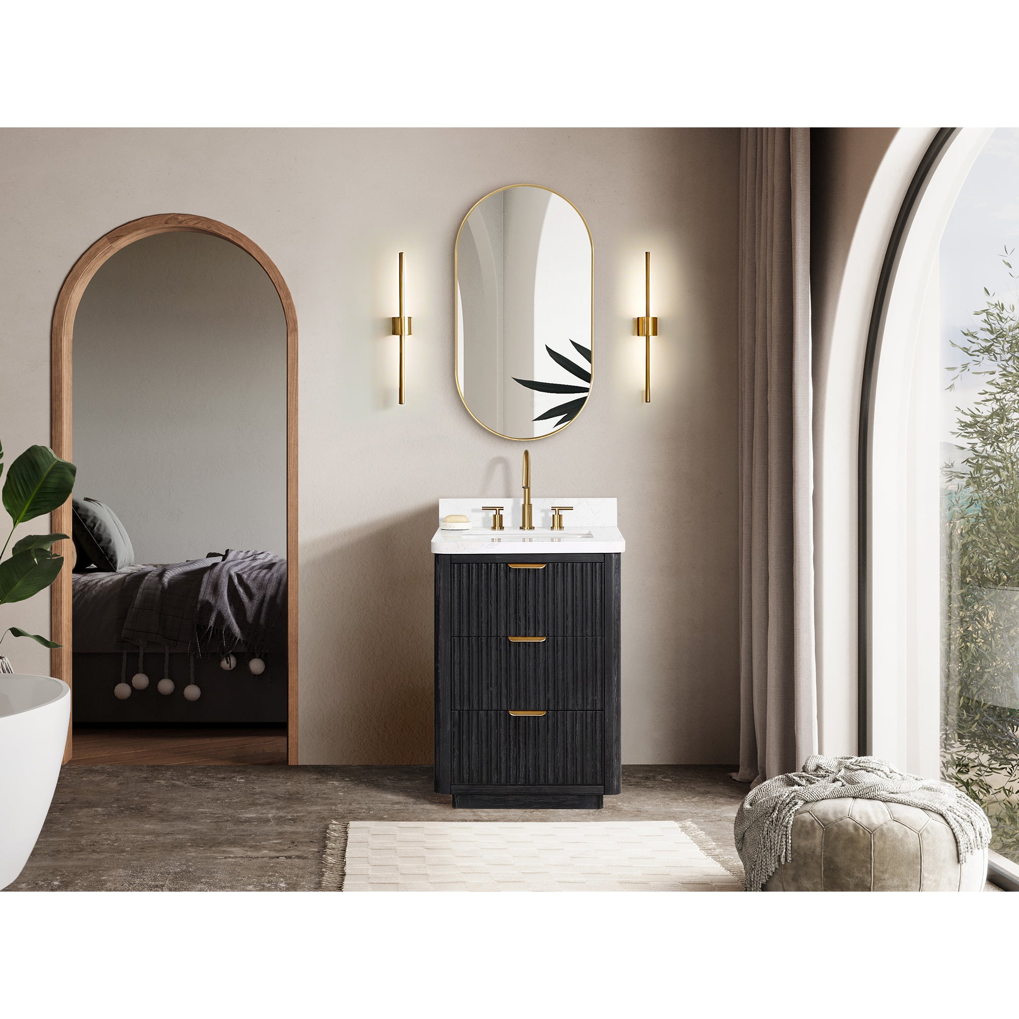 Vinnova Cadiz Bath Vanity, Composite Stone Top, Black, 24", No Mirror