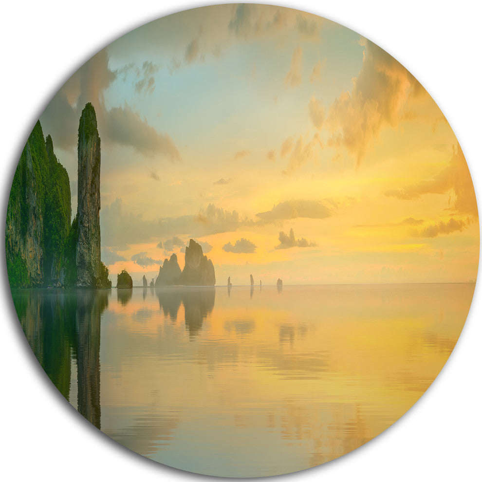 Colorful Sky And Board On Beach, Seascape Round Wall Art, 23"