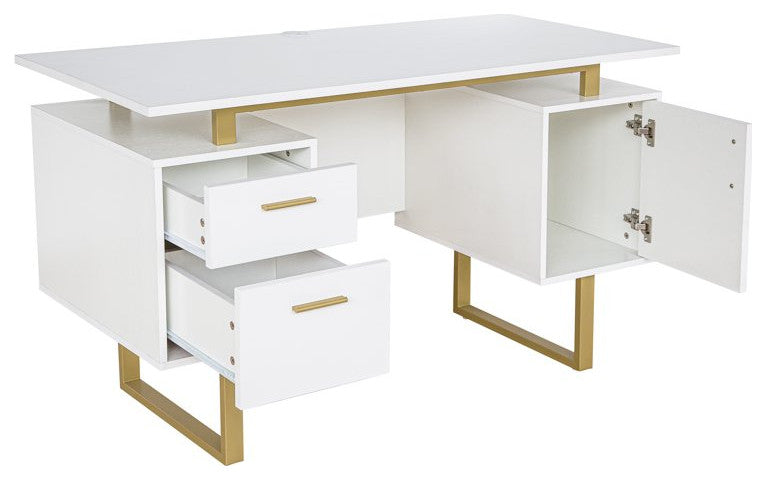 Elegant Desk, Floating Top With Cube Shaped Cabinet & Large Drawers, Gold/White