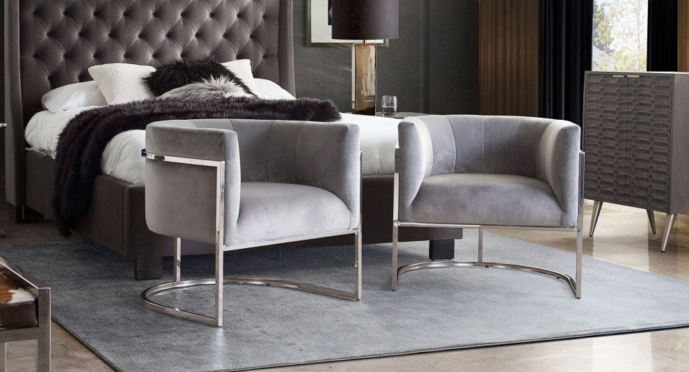Pandora Accent Chair With Stainless Steel Frame, Gray Velvet