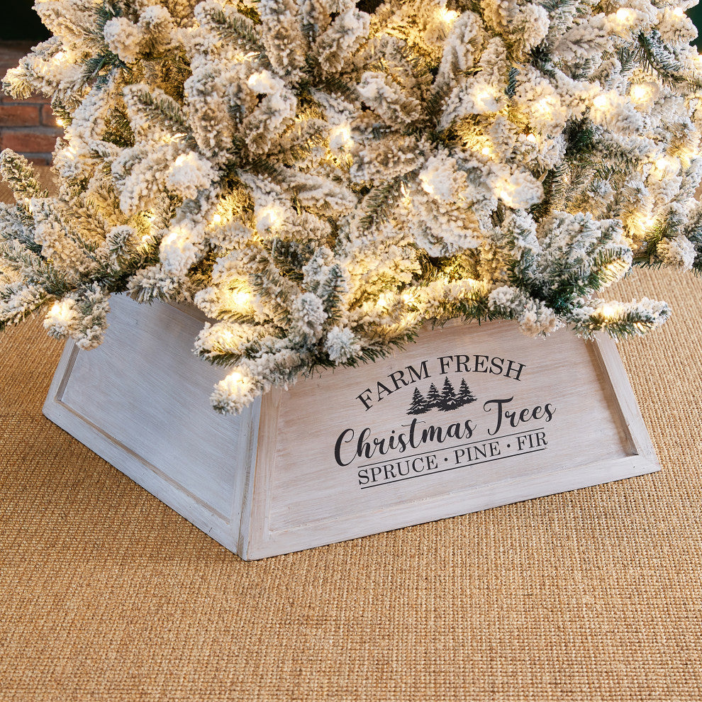 Washed White Wooden Trapezoid Farm Fresh Christmas Trees Tree Collar, 26"L