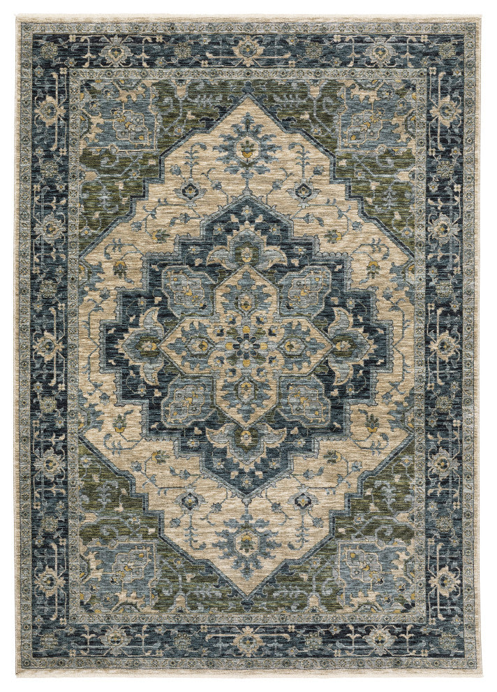 Augustus Center Medallion Blue/ Tan Indoor Area Rug, Blue, 9'10"x12'10"