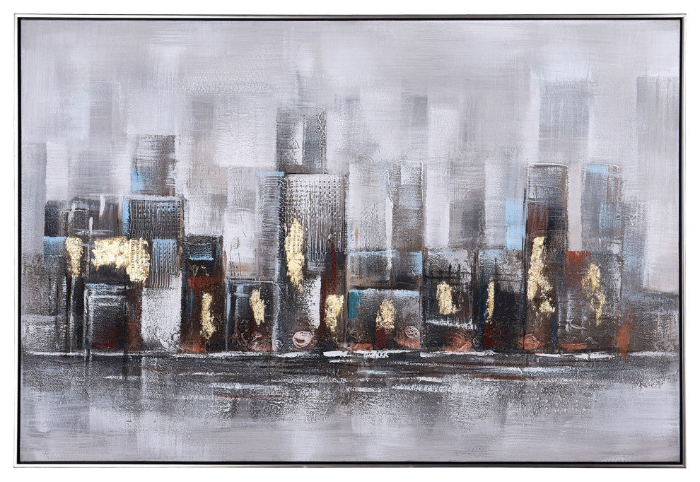 Skyline Abstract Hand painted Framed Canvas Art, 48"Wx33"H2"D