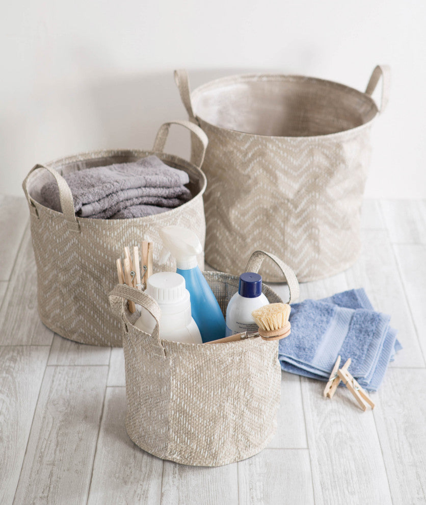 Woven Paper Laundry Bin Tribal Chevron Stone/Cream Round Small, Set of 2