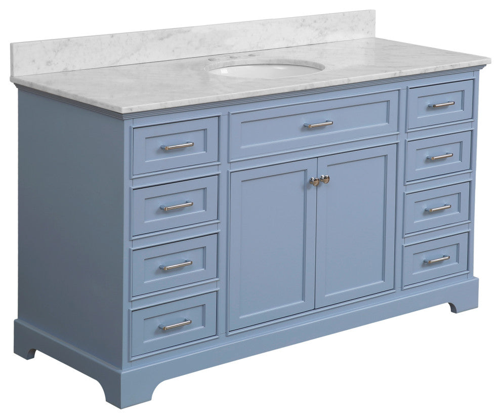 Aria 60" Bathroom Vanity, Powder Blue, Carrara Marble, Single Vanity