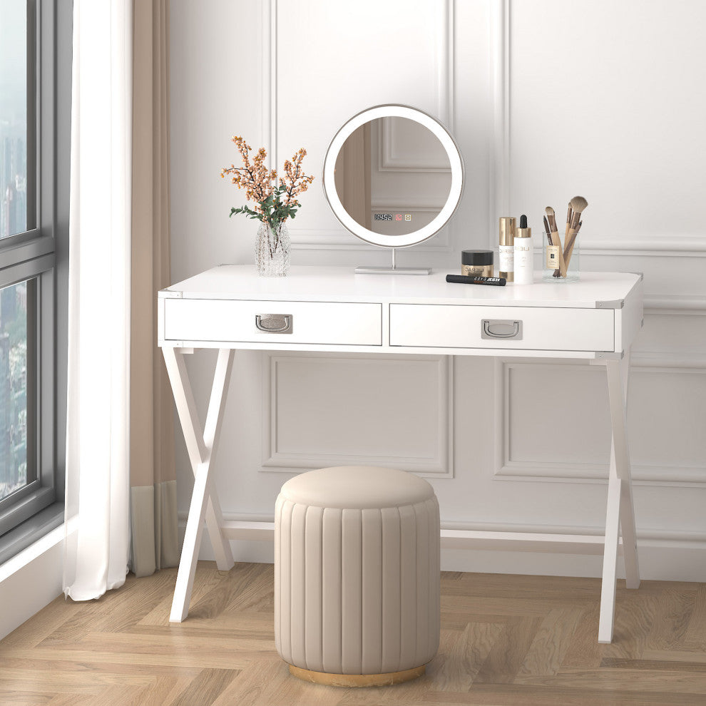 TATEUS Computer Desk with Storage, Solid Wood Desk with Drawers, White