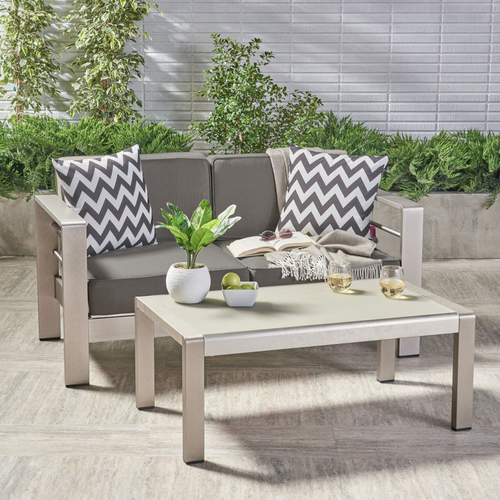 GDF Studio Cybele Doris Outdoor Aluminum Loveseat and Coffee Table Set, Silver/Khaki