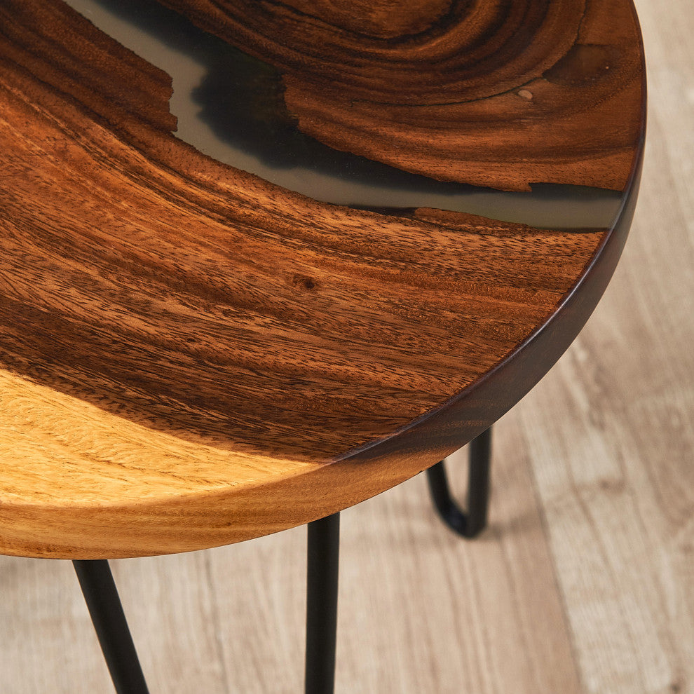 Round Epoxy Resin & Wood Side Table, Black