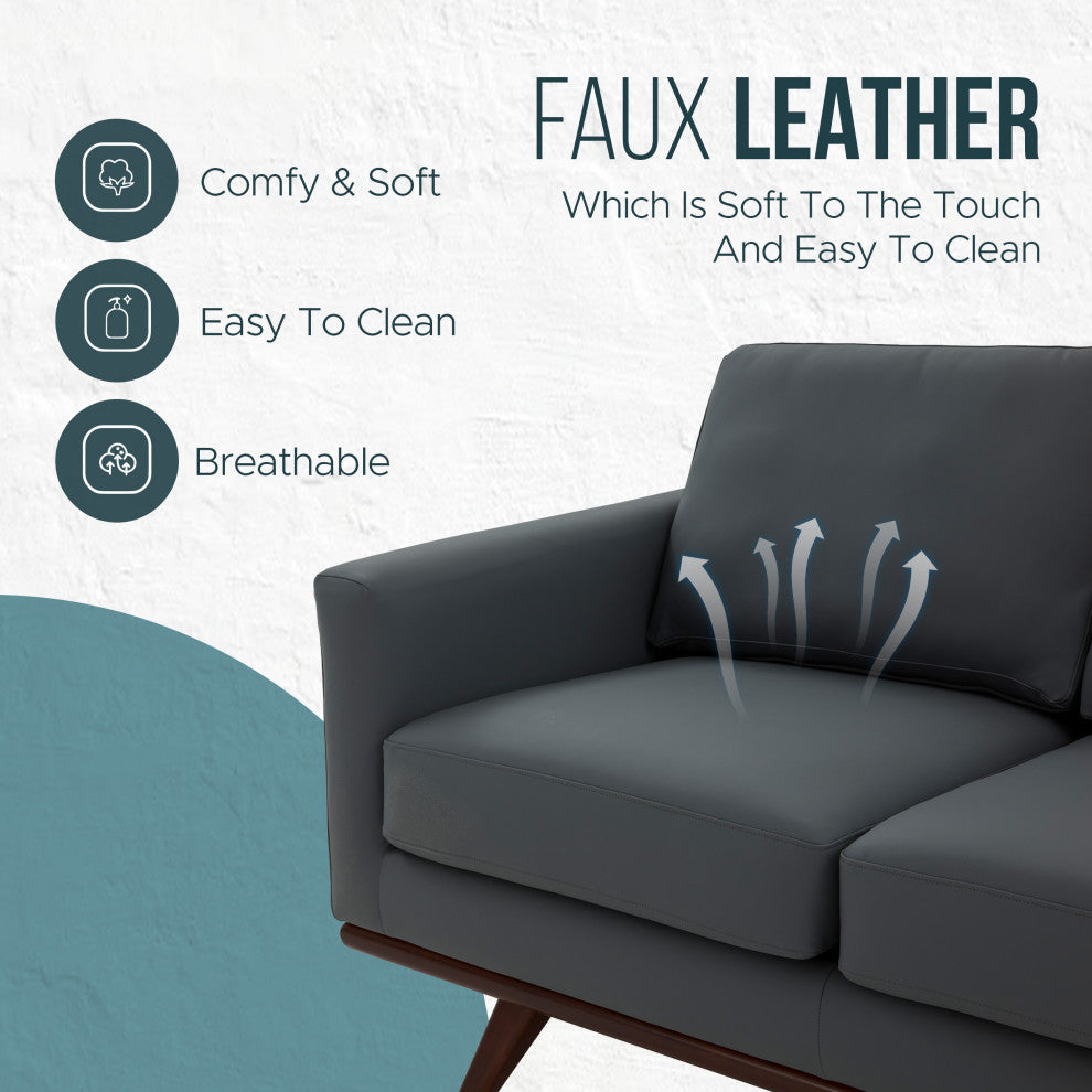 LeisureMod Chester Modern Leather Loveseat With Birch Wood Base, Gray