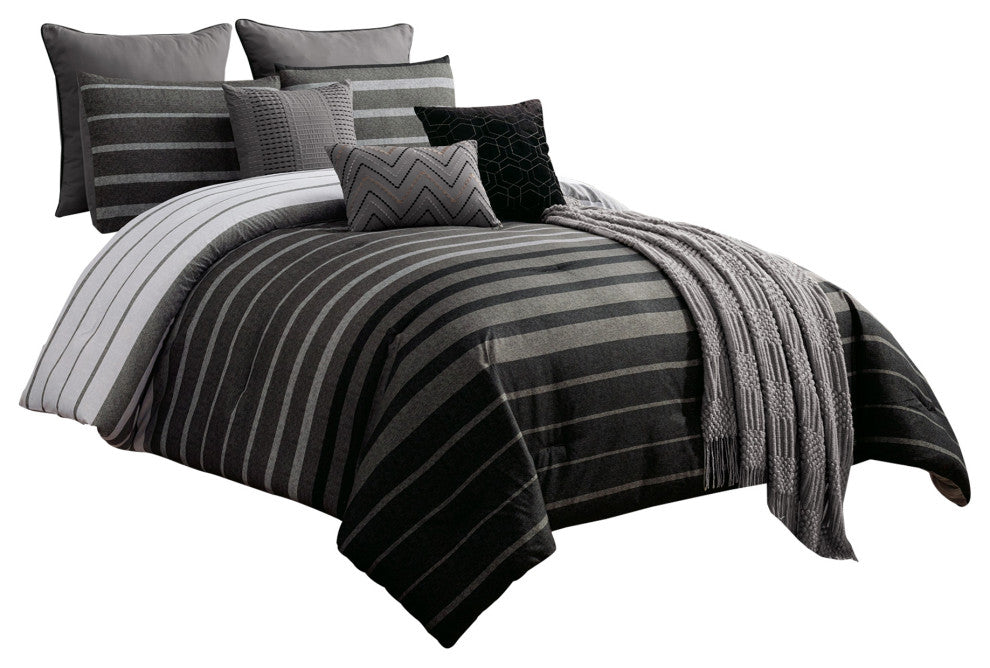 Benzara BM227295 10 Piece Queen Polyester Comforter Set ,Striped, Black & Gray