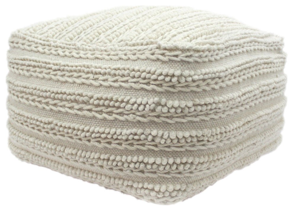 Marcia Boho Handcrafted Large Fabric Square Pouf, Ecru, Ecru