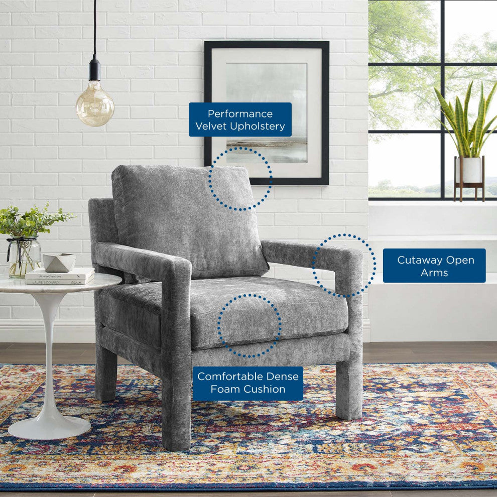 Armchair Accent Chair, Velvet, Gray, Modern, Living Lounge Hospitality