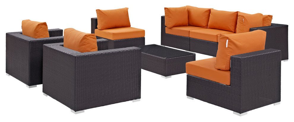 Modway Convene 8 Piece Outdoor Patio Sectional Set, Espresso Orange