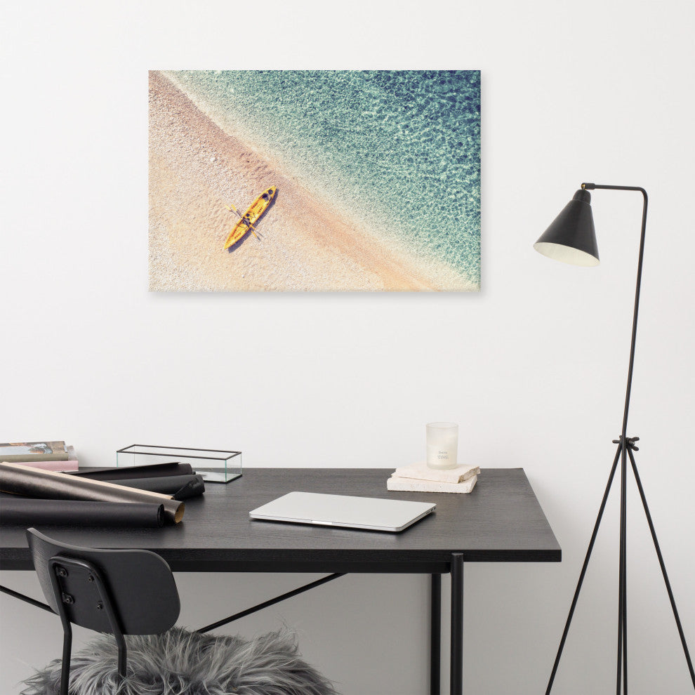 Yellow Canoe and Blue Sea by with Soft Violet Effect Canvas Wall Art Prints, 24" X 36"