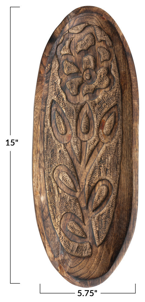 Boho Decorative Wood Tray with Carved Floral Design, Natural