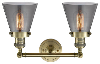 2-Light Small Cone 16" Bath Fixture, Antique Brass, Glass: Smoked