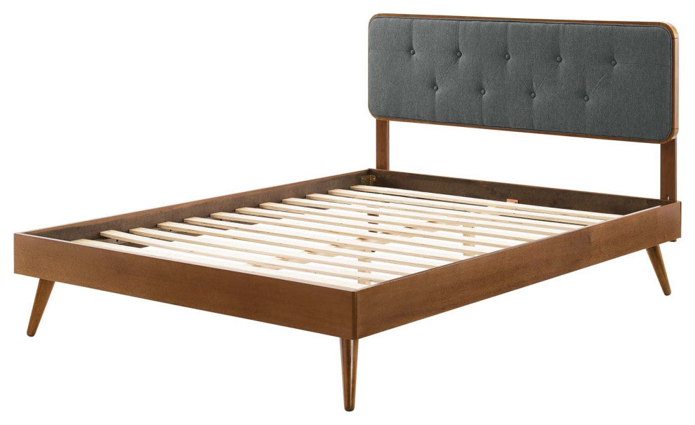 Platform Bed Frame, Queen Size, Fabric, Wood, Brown Walnut Gray, Modern