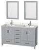 Sheffield 60" Gray DBL Vanity, Calacatta Quartz Top, Square Sinks, 24" Mirrors