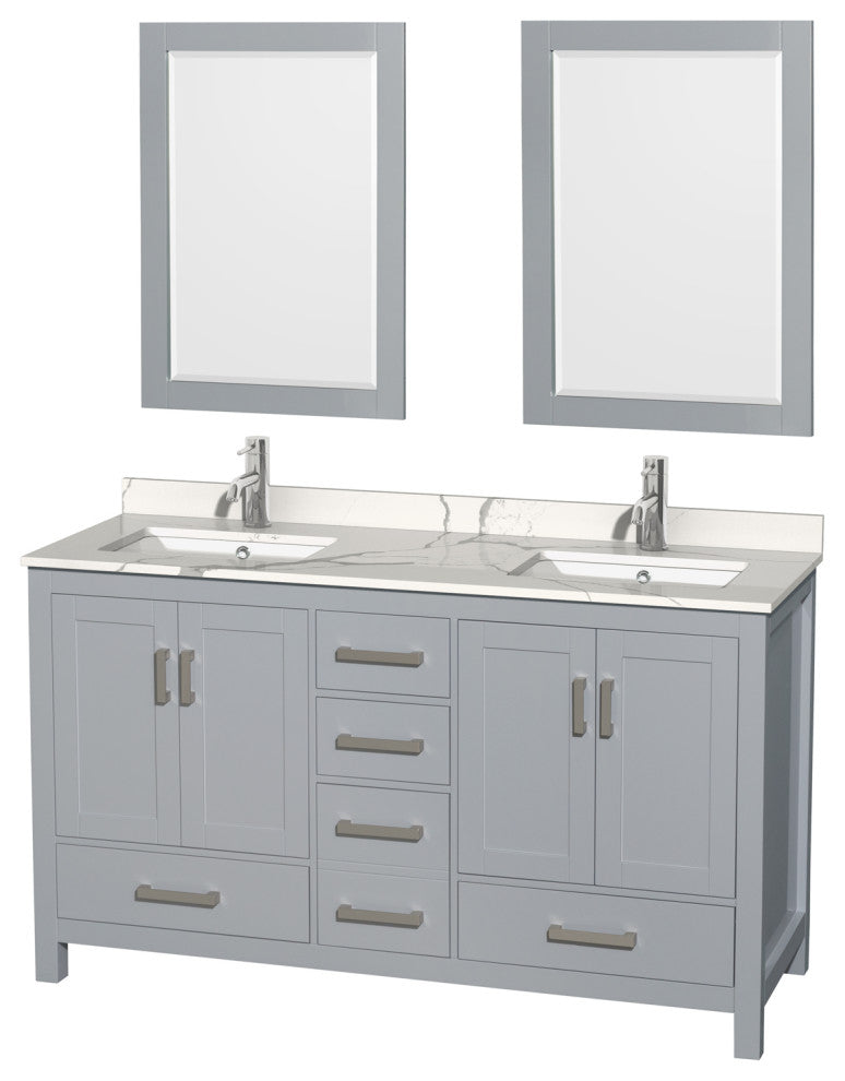 Sheffield 60" Gray DBL Vanity, Calacatta Quartz Top, Square Sinks, 24" Mirrors