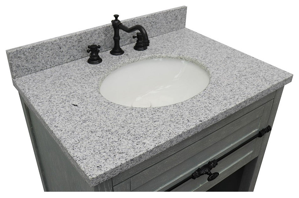 30" Single Vanity, Gray Ash, Gray Granite Top, Oval Sink