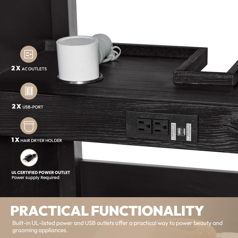 Leon Bath Vanity With Composite Stone Top, Fir Wood Black, 48", No Mirror